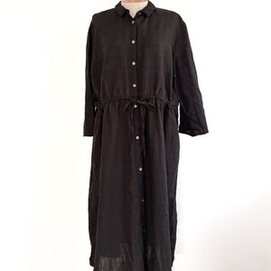 Gudrun Sjoden Organic Cotton Linen Black Windowpane Dress Pockets XL Lagenlook